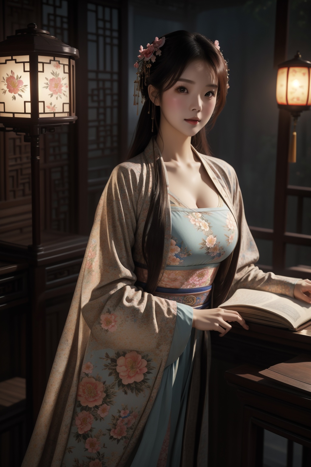 masterpiece,best quality,Light master,floral print,(cleavage:0.8),chang,1girl,long sleeves,upper body,looking at viewer,standing, at a book table, glow contrast))))), alphonomy), threa pendry, trending on pinterests, hidden realism | featured by greg rutkowski