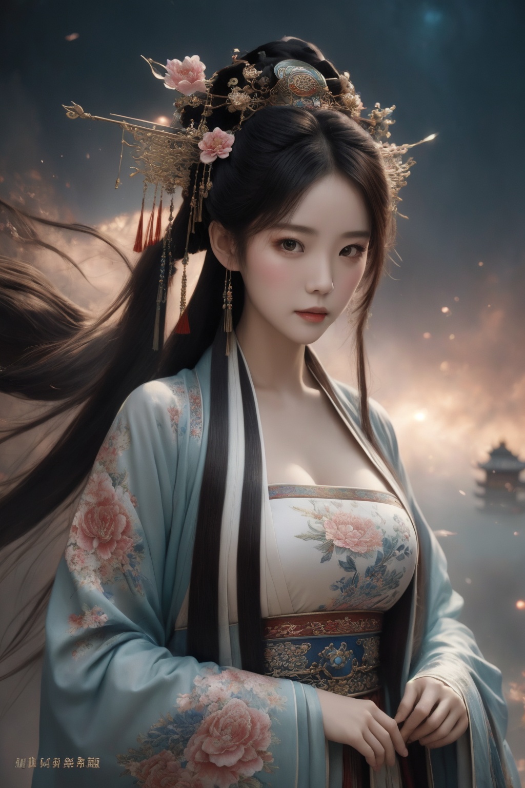 chang,floral print,(cleavage:0.7),long sleeves,fantasy theme,chines style,1girl,masterpiece,best quality,Light master,upper body,flower,hair ornament,Nebula,BY MOONCRYPTOWOW,tq,ajkds,tutultb,chijian,looking at viewer,east asian architecture,after destruction:0.5,Slavic typography,by artgerm,Enoch Bolles+Ross Tran+Greg Rutkowski,