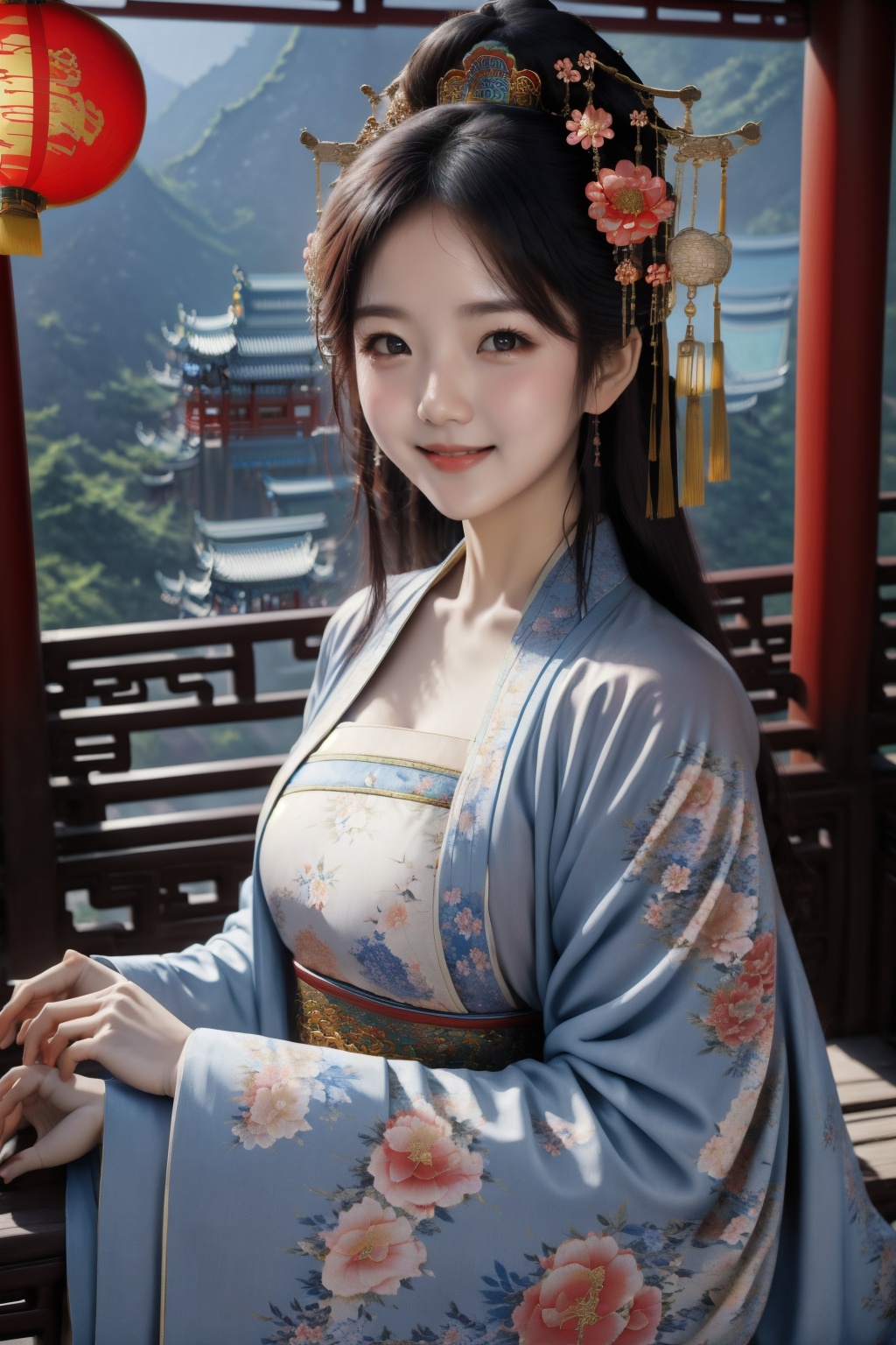chang,floral print,(cleavage:0.6),long sleeves,fantasy theme,chines style,1girl,masterpiece,best quality,Light master,upper body,hair ornament,looking at viewer,east asian architecture,smile,