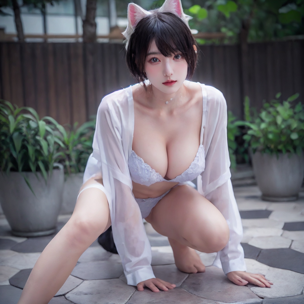 Cat lady,cleavage,<lora:Cat lady_20240117180042-000010:0.8>,in the outdoor,short hair,