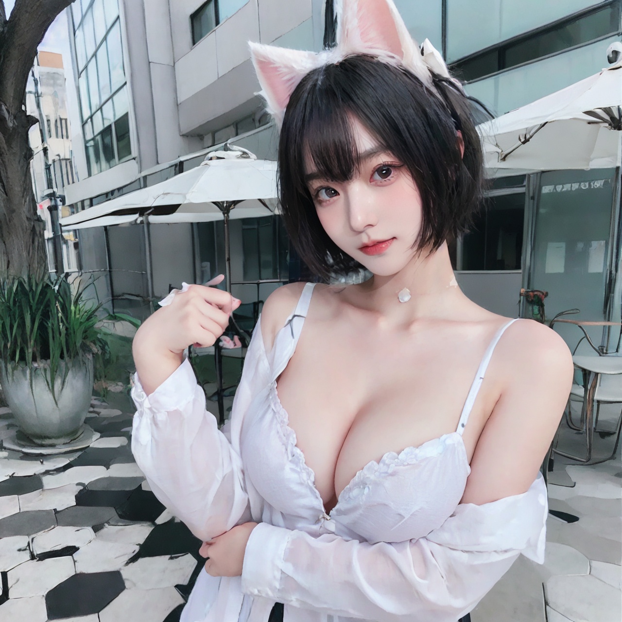 Cat lady,cleavage,<lora:Cat lady_20240117180042-000010:0.8>,in the outdoor,short hair,