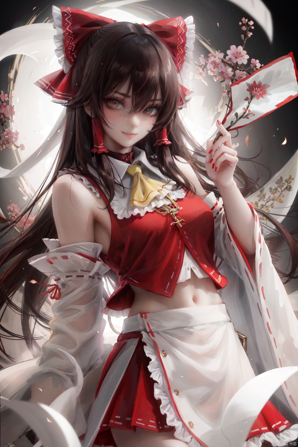 1girl, solo, hakurei reimu, bow, ofuda, gohei, red bow, skirt, hair bow, hair tubes, red skirt, ascot, wide sleeves, detached sleeves, ribbon trim, black background, yellow ascot, frills, brown hair, holding, long hair, ribbon-trimmed sleeves, looking at viewer, closed mouth, simple background, brown eyes, bare shoulders, red vest, frilled bow, vest, hair between eyes, bangs, sidelocks, nontraditional miko, sarashi, shirt, frilled skirt, cowboy shot