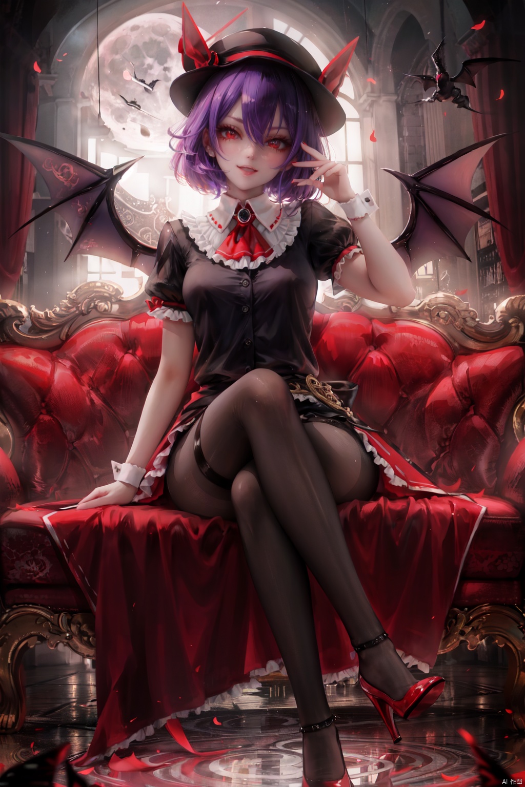 1girl, solo, wings, remilia scarlet, red eyes, hat, mob cap, moon, bat wings, bat \(animal\), crossed legs, high heels, looking at viewer, red footwear, short sleeves, short hair, puffy sleeves, ribbon, dress, blue hair, wrist cuffs, pantyhose, puffy short sleeves, hat ribbon, red ribbon, black pantyhose, sitting, ascot, frills, full moon, red bow, red moon, open mouth, bow, night, smile, fang, scarlet devil mansion, frilled shirt collar, full body, frilled sleeves, sky, purple hair, outdoors, red ascot, hair between eyes, clock tower, white dress, bangs