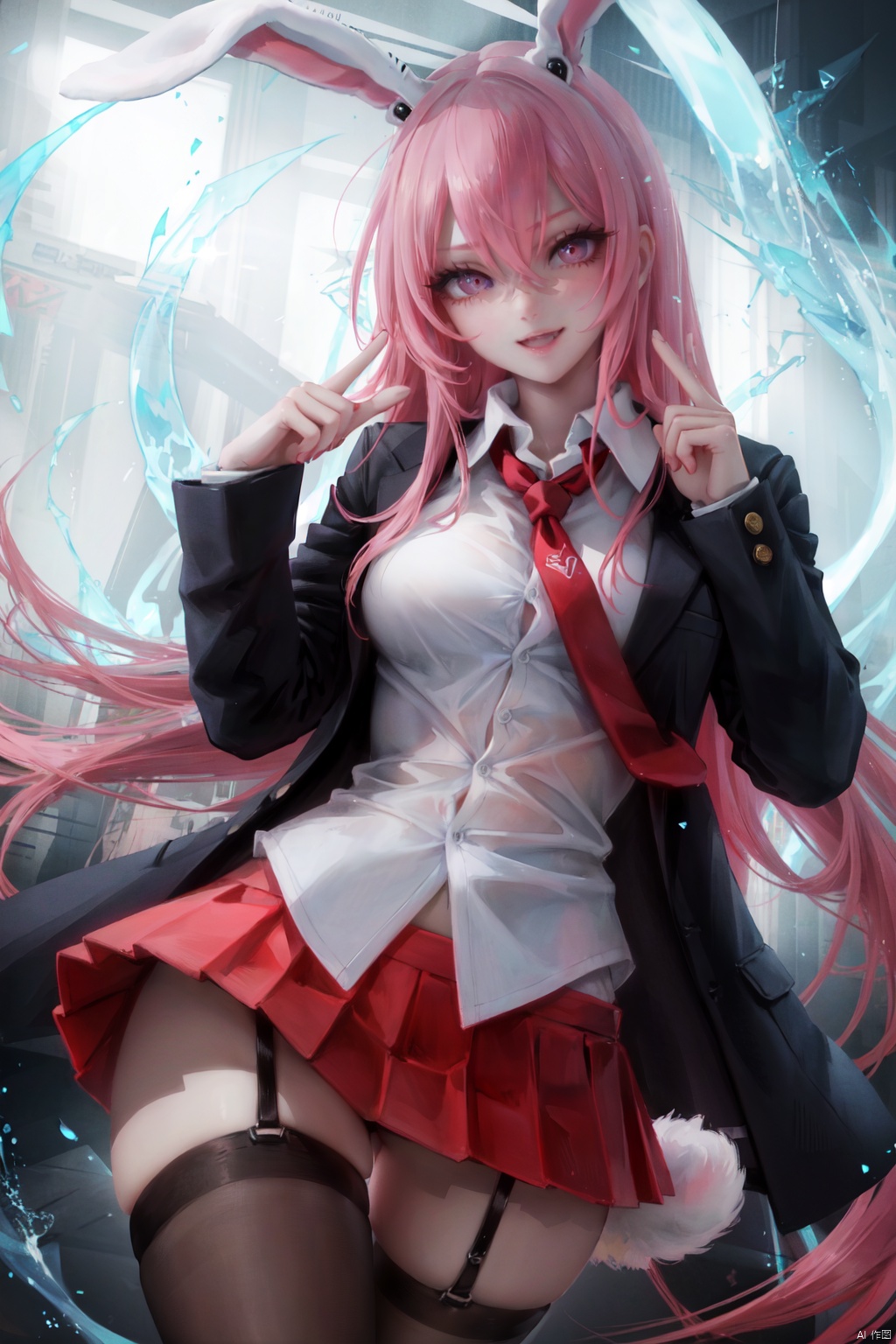 1girl, solo, animal ears, thighhighs, reisen udongein inaba, long hair, skirt, rabbit ears, necktie, tail, open mouth, jacket, shirt, long sleeves, rabbit tail, rabbit girl, pink skirt, red necktie, purple hair, breasts, pleated skirt, black thighhighs, bangs, white shirt, hair between eyes, looking at viewer, finger gun, blazer, simple background, zettai ryouiki, purple eyes, upper teeth only, black background, pink eyes, teeth, pink hair, black jacket, medium breasts, collared shirt