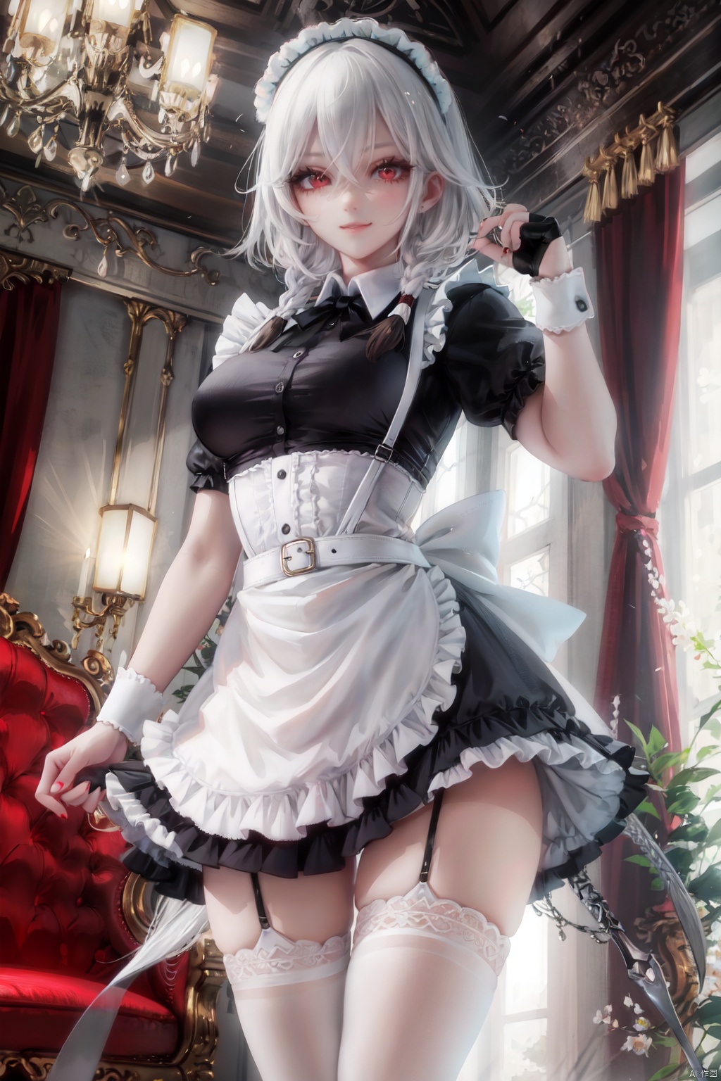1girl, solo, breasts, dress, hair between eyes, izayoi sakuya, apron, puffy sleeves, short sleeves, medium breasts, red eyes, bangs, short hair, gloves, alternate color, puffy short sleeves, belt, black background, maid, black gloves, fingernails, black dress, red nails, frills, braid, maid headdress, smile, twin braids, looking at viewer, knife, hand up, nail polish, simple background, wrist cuffs, long fingernails, bow, fingerless gloves, standing, teeth, thighhighs, white apron, alternate hair color, black belt, eyes visible through hair, weapon, arm up, holding, alternate eye color, white hair, chest harness, closed mouth, grey hair, collared dress, short hair with long locks, collared shirt, harness, fishnets, holding knife, hair bow, brown thighhighs, wing collar
