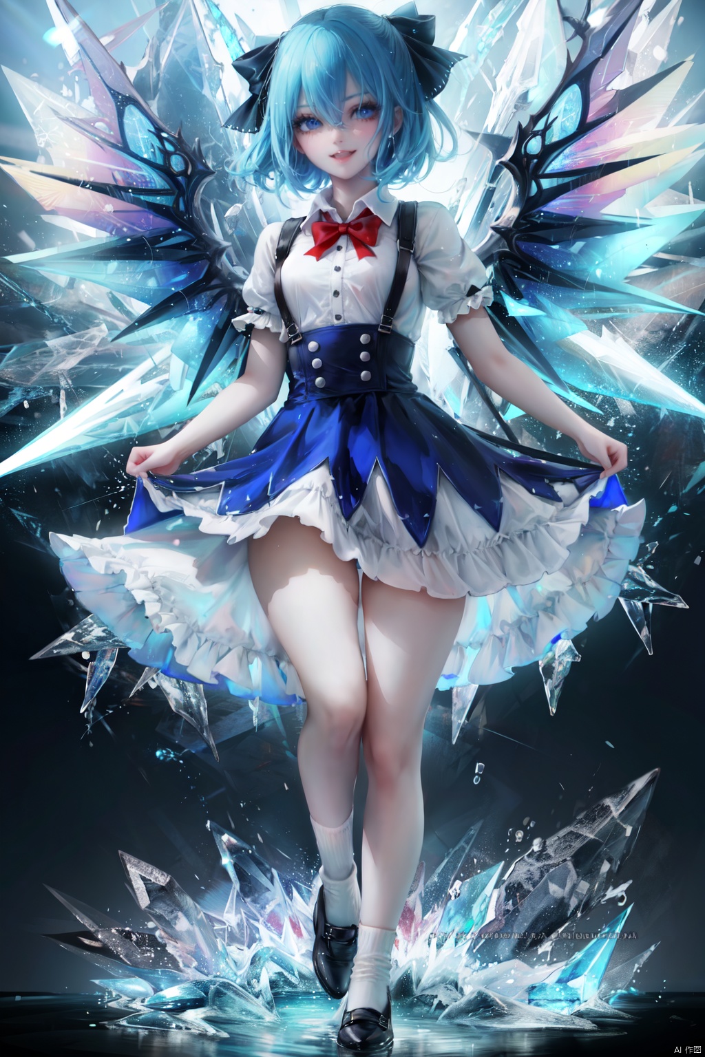 1girl, cirno, ice, solo, ice wings, blue eyes, bow, wings, blue bow, blue hair, black background, dress, open mouth, puffy sleeves, short hair, short sleeves, hair between eyes, blue dress, socks, smile, black footwear, shoes, bangs, puffy short sleeves, shirt, teeth, white socks, hair bow, water, tongue, collared shirt, white shirt, looking at viewer, light, simple background, standing, flying, grey socks, buttons