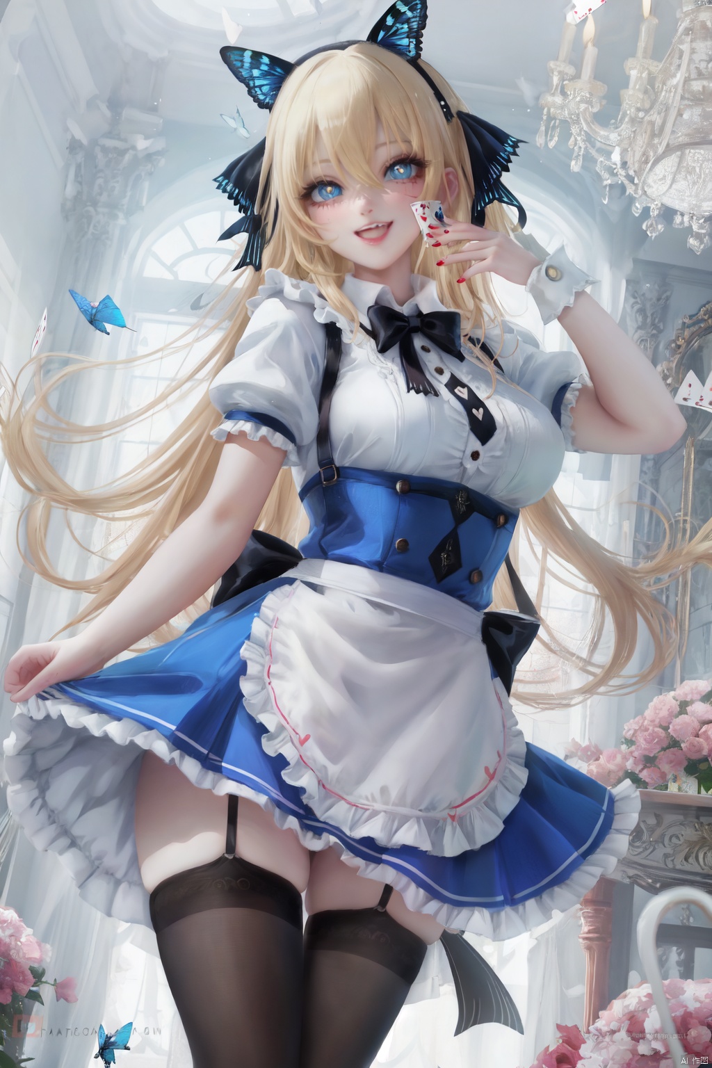 1girl, heart, frills, bug, long hair, solo, symbol-shaped pupils, heart-shaped pupils, blue eyes, blonde hair, open mouth, striped, butterfly, apron, dress, blue dress, bandages, bandaid, bandaged arm, card, breasts, bangs, playing card, diamond \(shape\), bow, short sleeves, looking at viewer, frilled dress, holding, thighhighs, asymmetrical legwear, blood, alice \(alice in wonderland\), teeth, frilled apron, smile, stuffed animal, black bow, stuffed toy, ribbon, standing, mismatched legwear, hair ribbon, large breasts, very long hair, white background, white apron, pantyhose, puffy short sleeves, bandaid on face, card \(medium\), puffy sleeves, black ribbon, blush, stuffed bunny, facial mark, hairband, :d, hair between eyes, fangs, blue butterfly, blunt bangs, blood on face