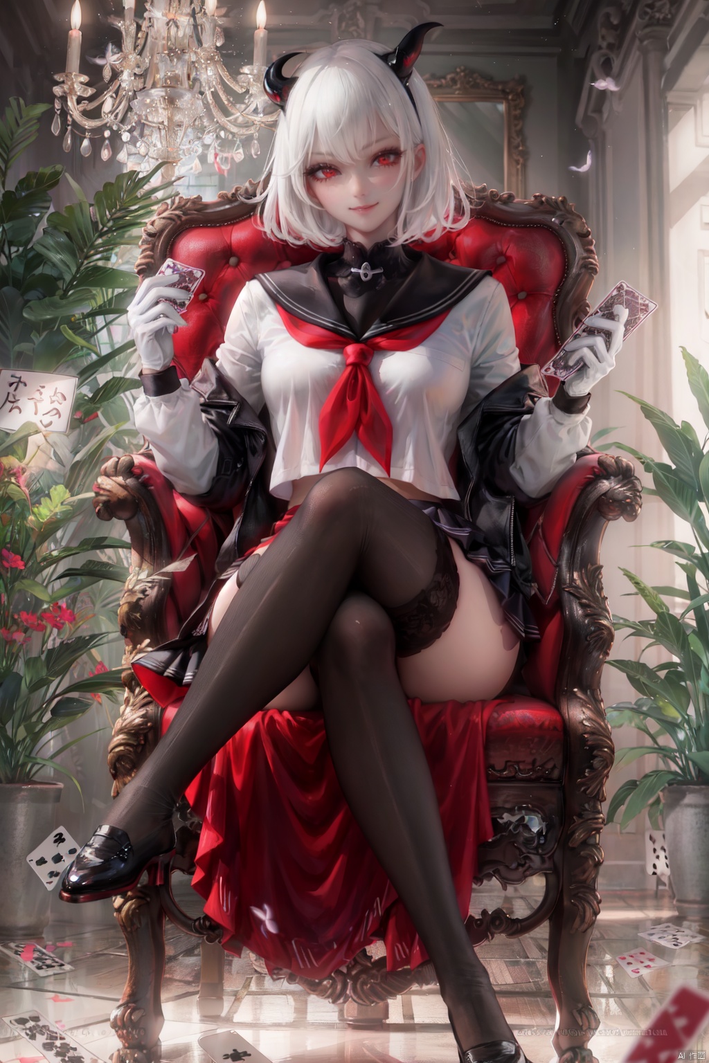1girl, card, horns, sitting, red eyes, thighhighs, playing card, school uniform, serafuku, skull, chair, neckerchief, holding card, white hair, bug, looking at viewer, butterfly, sailor collar, armchair, red neckerchief, bangs, shoes, black serafuku, short hair, fur trim, holding, shirt, skirt, 1boy, white gloves, skeleton, red hair, red nails, gloves, crossed legs, long sleeves, jacket