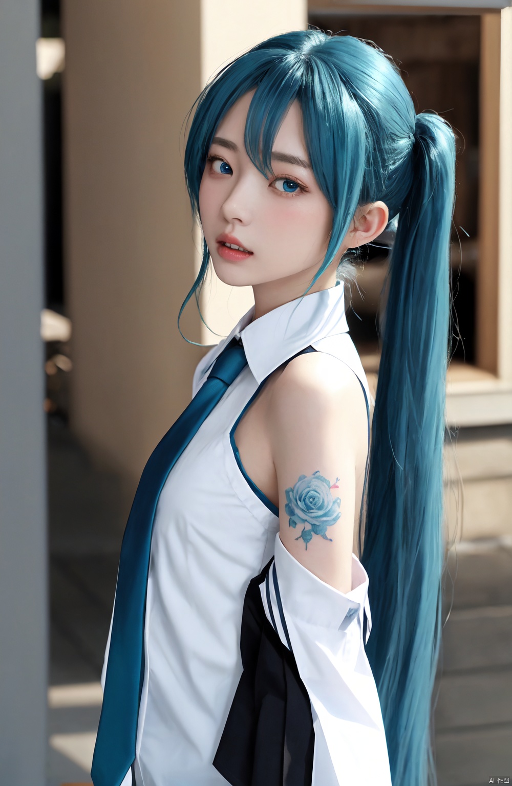  (masterpiece), (best quality), loli, 1girl, solo, twintails, long hair, hatsune miku, detached sleeves, shirt, necktie, bangs, looking at viewer, sleeveless, sleeveless shirt, upper body, hair between eyes, blue eyes, blush, petals, very long hair, collared shirt, long sleeves, blue hair, bare shoulders, hair ornament, parted lips, black sleeves, blurry, looking to the side, wide sleeves, hand up, ahoge, from side, blurry background, tattoo, grey shirt, white shirt, blue necktie,, Peeing with spread *****