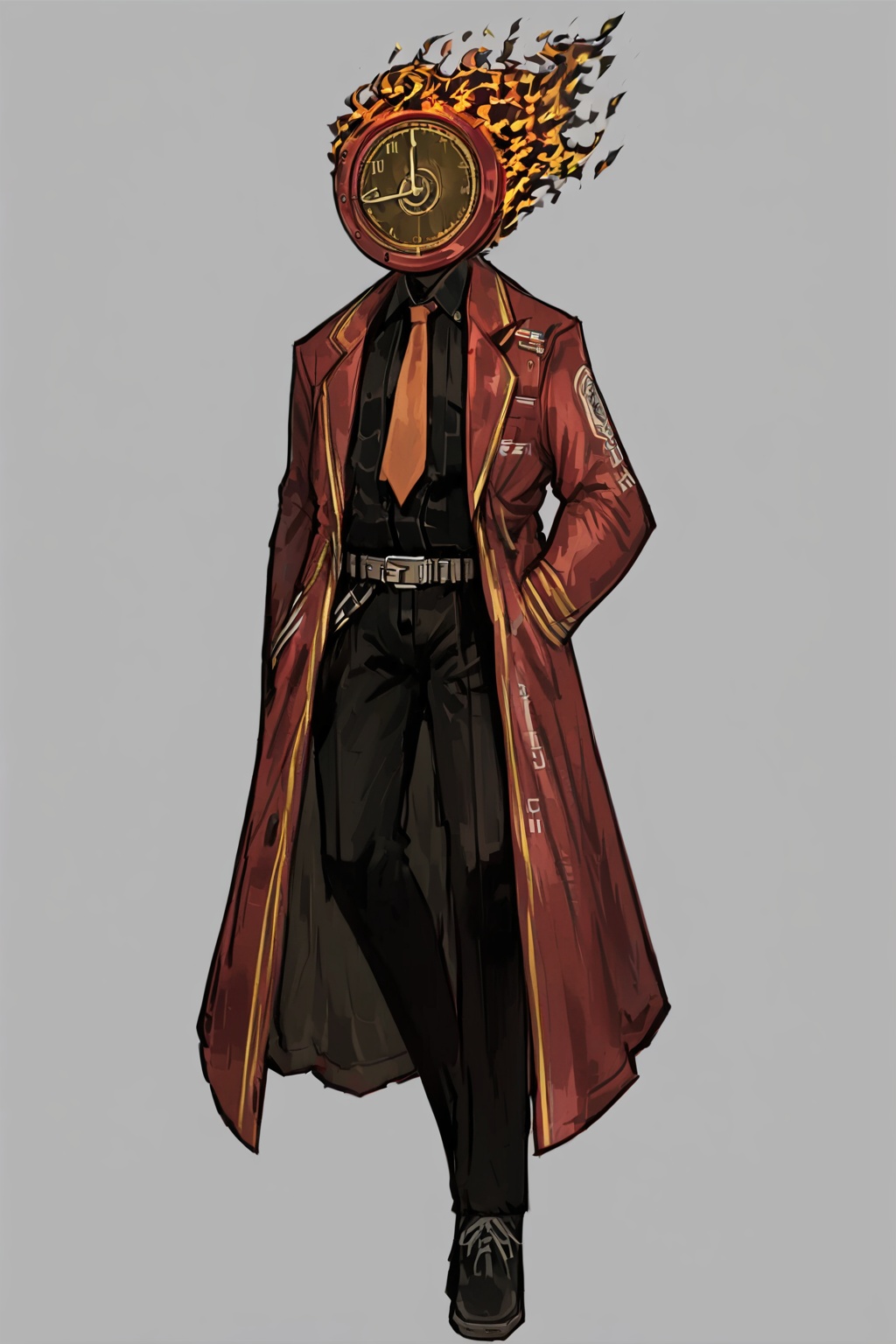 masterpiece, best quality, high resolution illustration, finely detailed, beautiful eyes and detailed face, hyper detail, intricate details, ((full body)), (standing), (solo), (1boy), *****, (black shirt, red necktie, belt, black pants, red coat, black shoes), (object head, clock head, broad shoulders, muscular body, fire), simple_background, grey_background, Library_of_Ruina, LimbusCompany_Dante