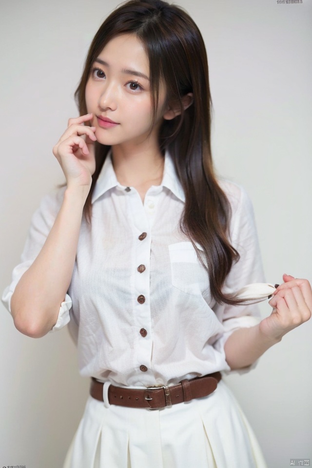 masterpiece,best quality,ultra high res; 1girl,white background, 
collared_shirt,skirt_suit, takei film