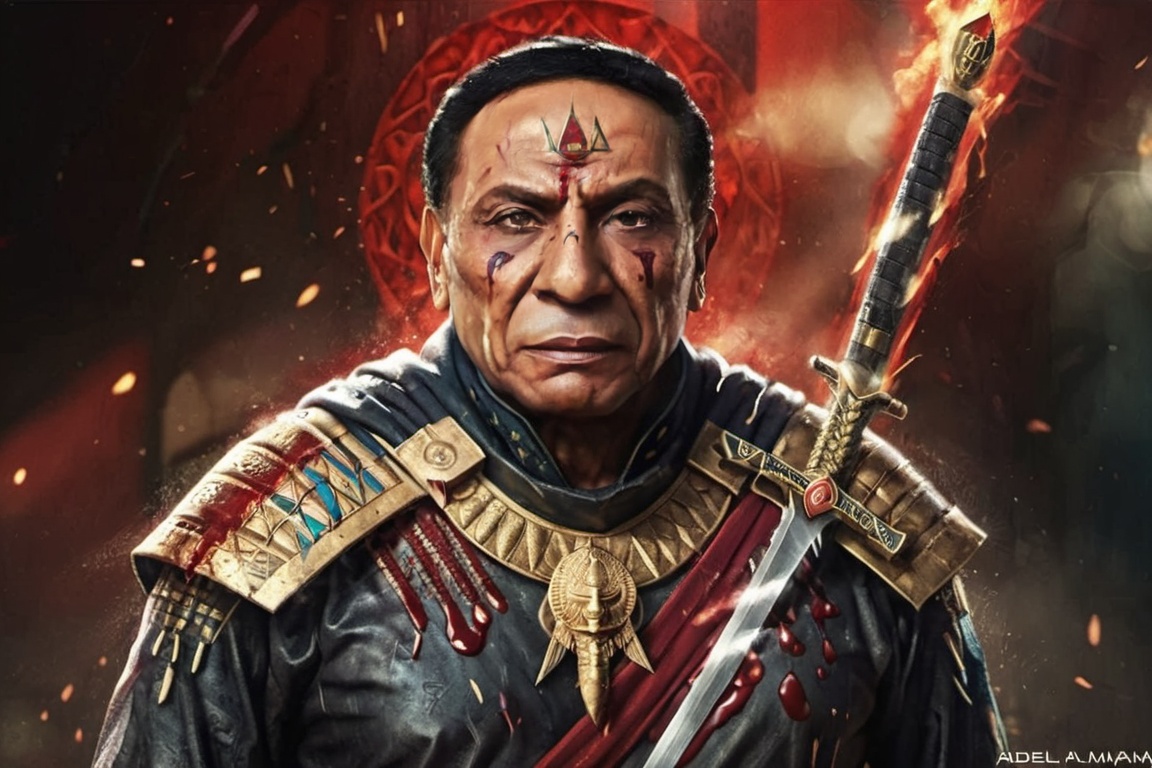 Egyptian warrior phoroh king,  evil look,  blood on face on Tensor.Art