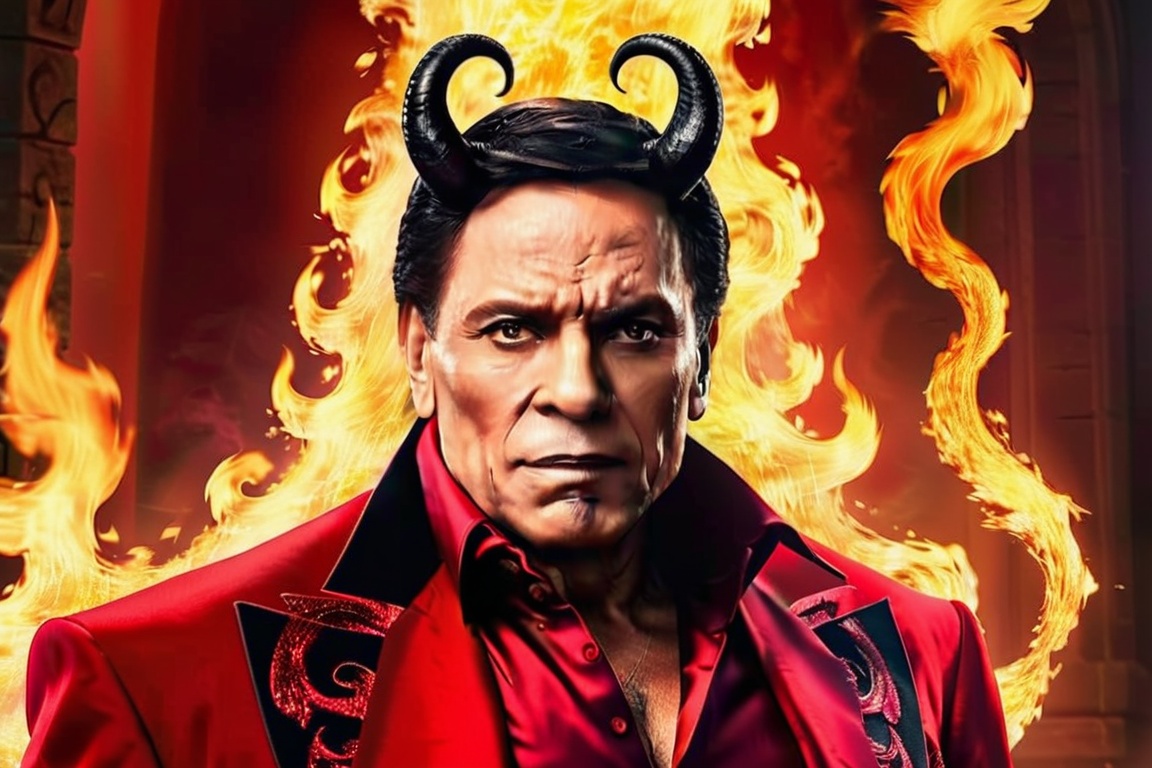 Generate hyper realistic image of a devil man with flowing obsidian hair,  adorned in a captivating scarlet gown. His eyes...
