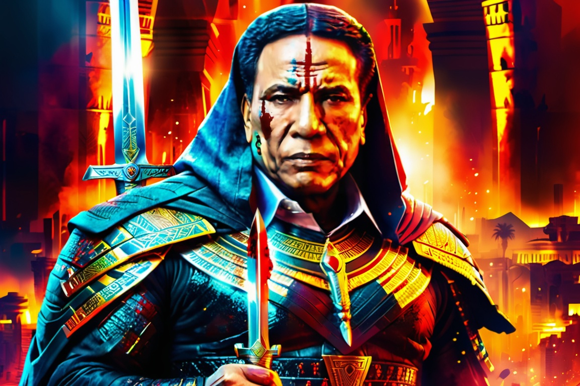 Egyptian warrior phoroh king,  evil look,  blood on face on Tensor.Art