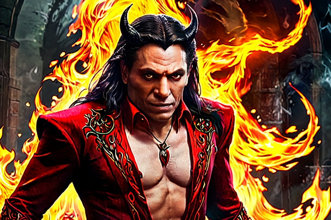 Generate hyper realistic image of a devil man with flowing obsidian hair,  adorned in a captivating scarlet gown. His eyes...