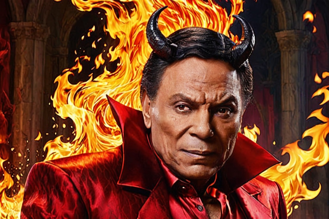 Generate hyper realistic image of a devil man with flowing obsidian hair,  adorned in a captivating scarlet gown. His eyes...