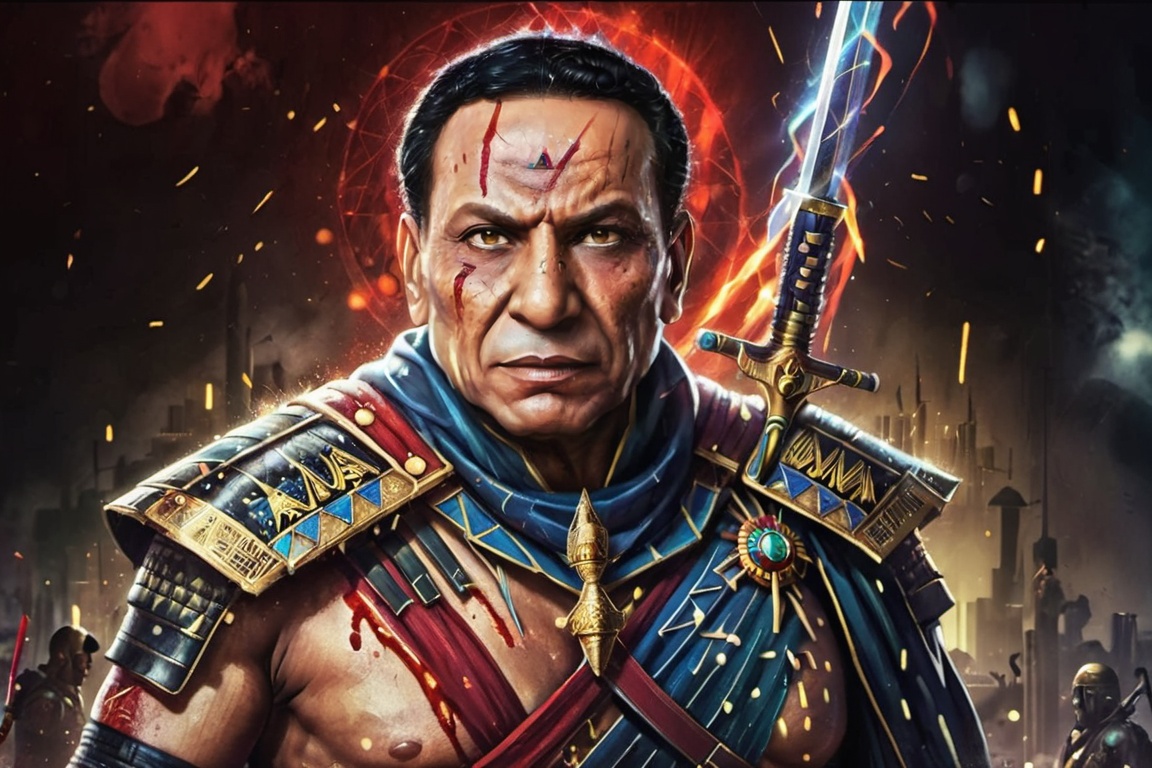 Egyptian warrior phoroh king,  evil look,  blood on face on Tensor.Art