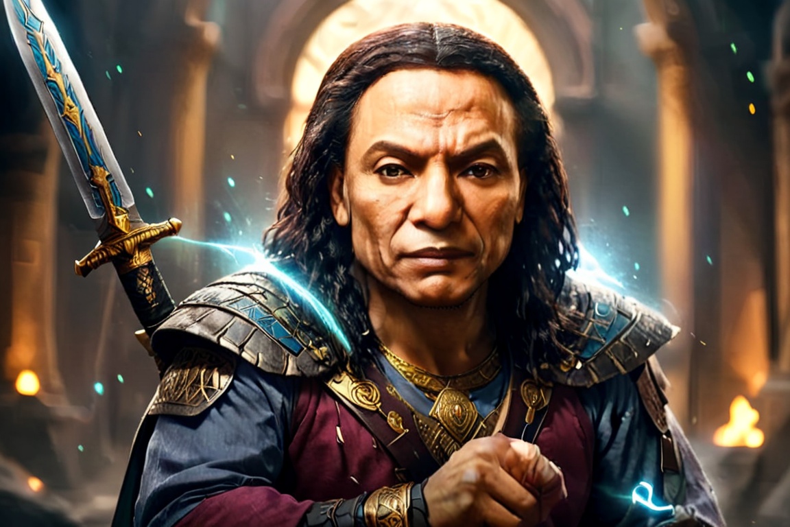 Portrait of egyptian warrior adel emam and sword in his hand,  High detailed,  Color magic on Tensor.Art