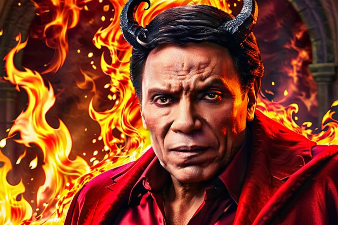 Generate hyper realistic image of a devil man with flowing obsidian hair,  adorned in a captivating scarlet gown. His eyes...