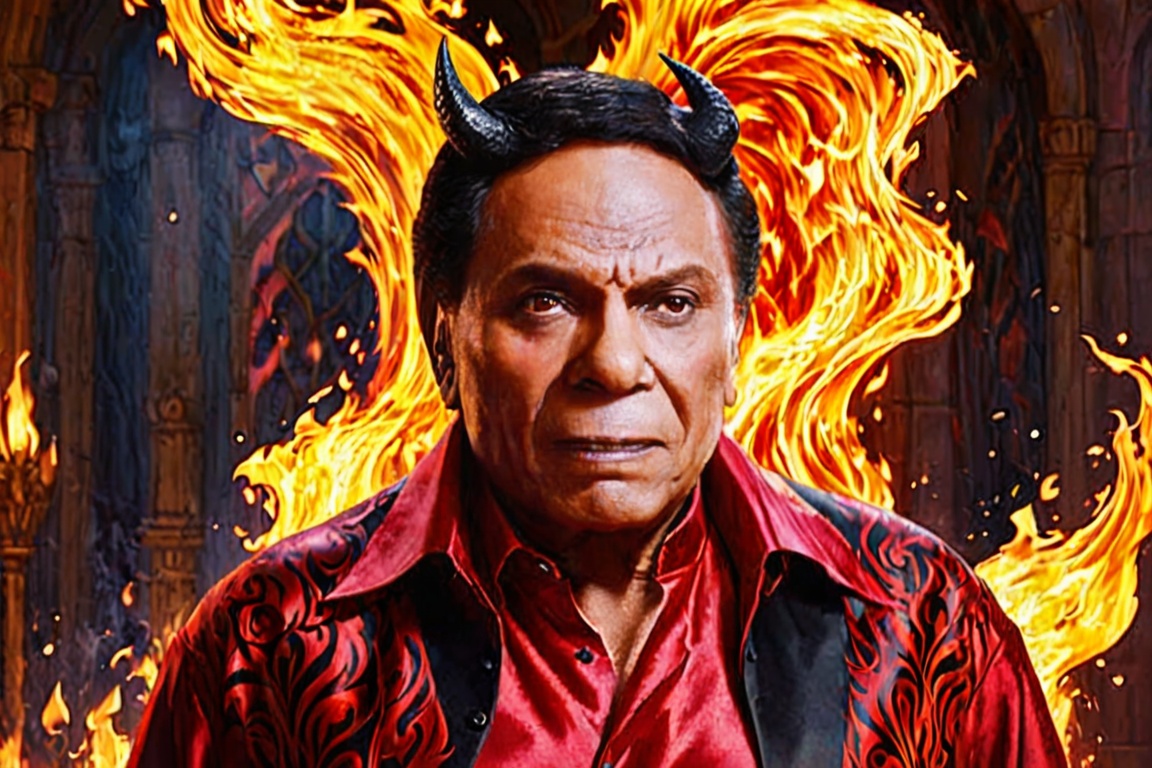 Generate hyper realistic image of a devil man with flowing obsidian hair,  adorned in a captivating scarlet gown. His eyes...