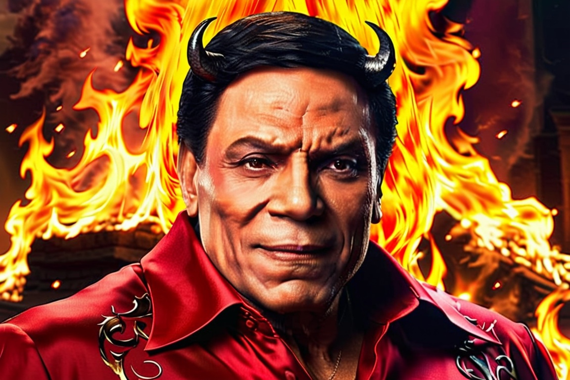 Generate hyper realistic image of a devil man with flowing obsidian hair,  adorned in a captivating scarlet gown. His eyes...