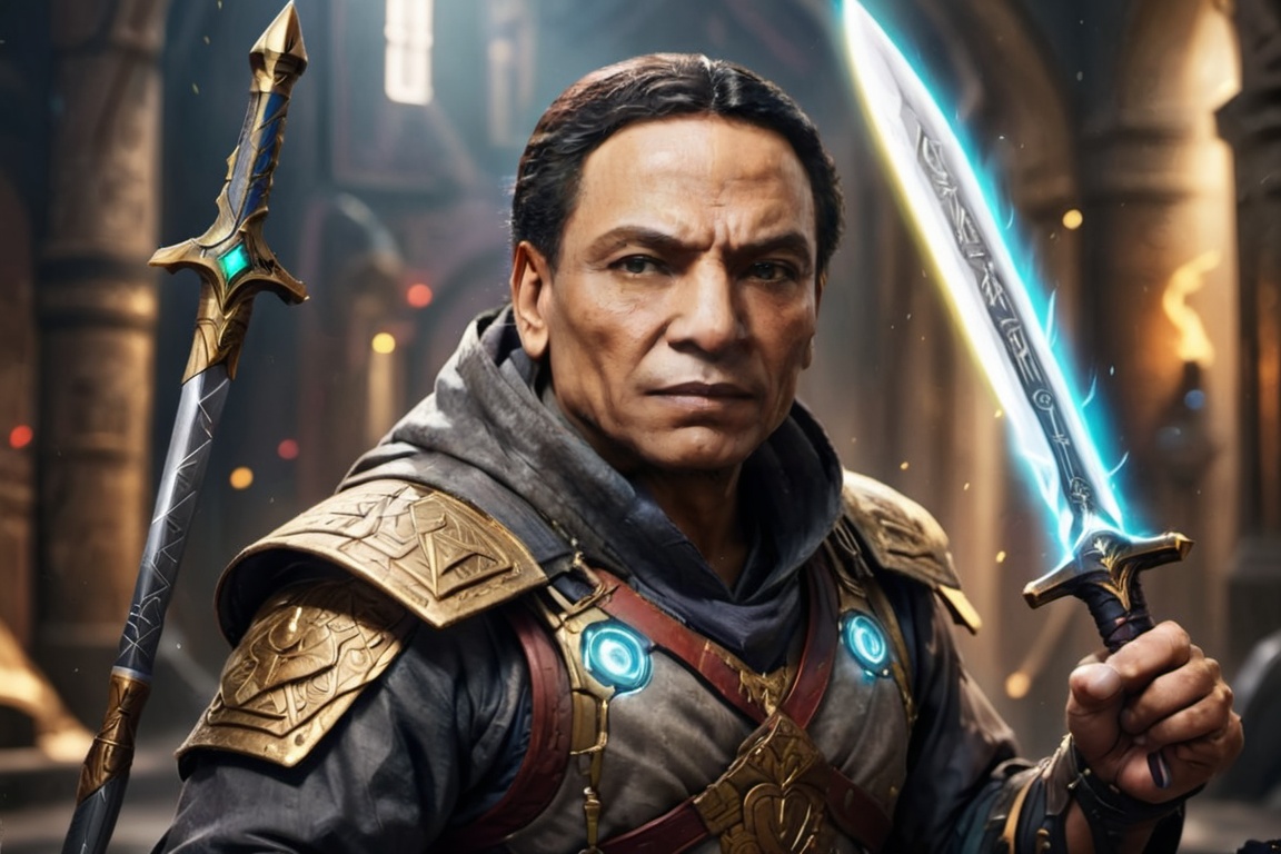 Portrait of egyptian warrior adel emam and sword in his hand,  High detailed,  Color magic on Tensor.Art