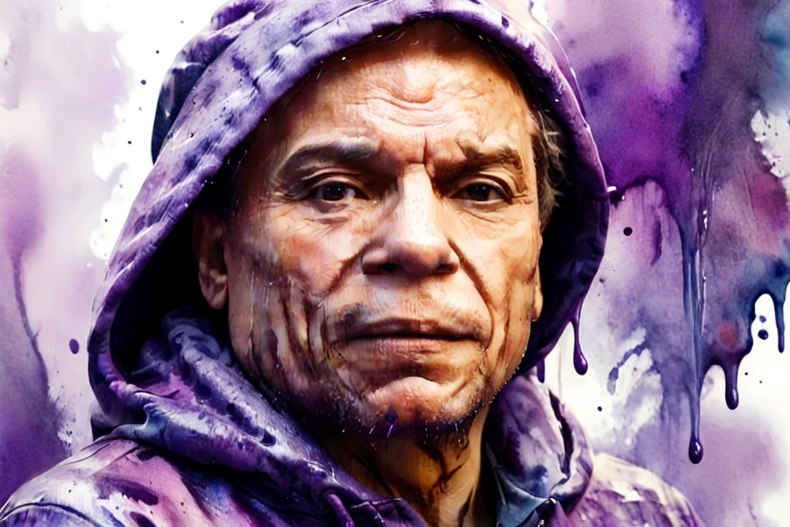 CLOSE UP PORTRAIT MAN IMG PURPLE BACKGROUND,  HOODIE,  AMAZING VIVID WATERCOLOR PAINTING on Tensor.Art