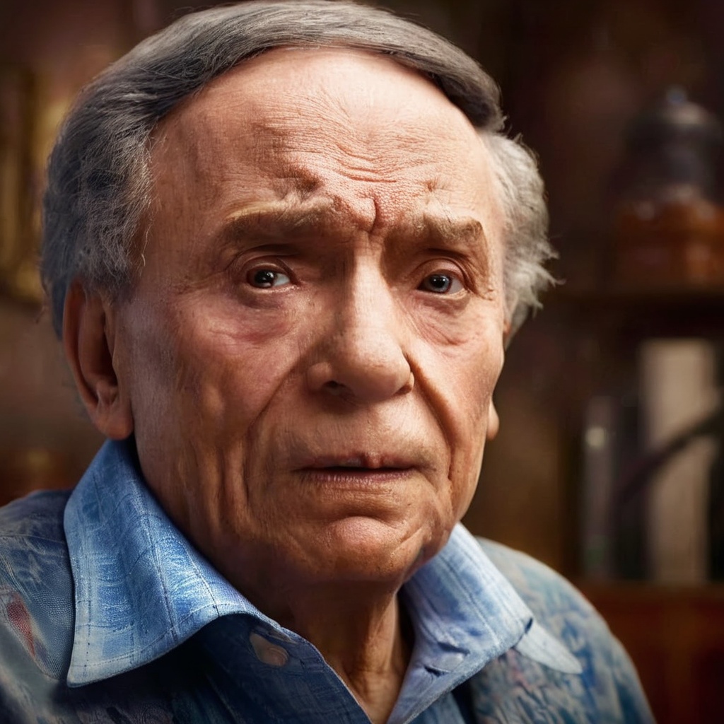 Hyperrealistic art Very old frightened and scared grandpa with fear in eyes,  mad sky hallucination by Mundford,  baroque...