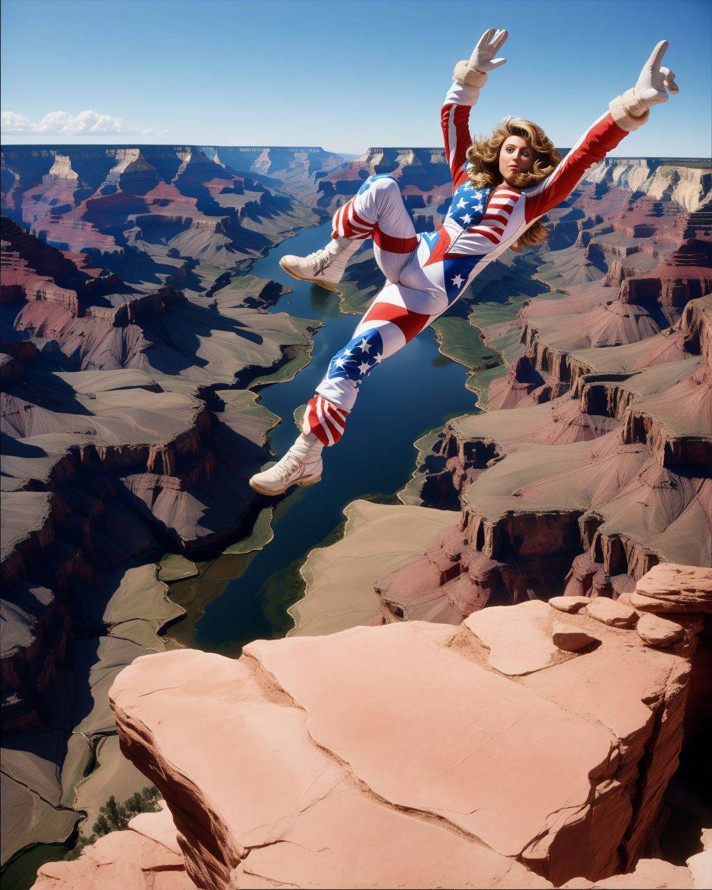 [Farrah Fawcett|Aly Michalka],  Stunt Jumping over the grand canyon,  evel knievel cosplay on Tensor.Art