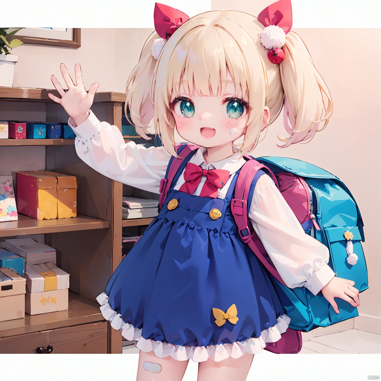  masterpiece, best quality, 1girl, SHIGURE Ui, solo, looking at viewer, blush, smile, short hair, open mouth, bangs, blonde hair, shirt, hair ornament, long sleeves, dress, bow, twintails, school uniform, green eyes, white shirt, :d, sleeveless, puffy sleeves, collared shirt, virtual youtuber, hand up, bag, red bow, sleeveless dress, blue dress, backpack, child, bandaid, pom pom \(clothes\), puffy long sleeves, waving, female child, pinafore dress, randoseru, bandaid on leg, bandaid on knee, pom pom hair ornament, cuteloli, loli