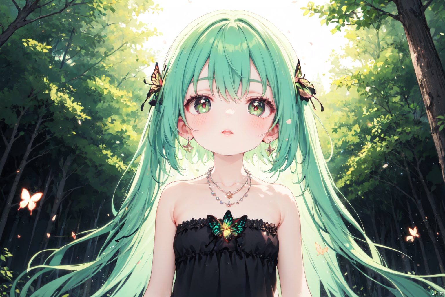  forest firelight glowing butterfly soot dynamic standing pose upper body strapless green hair red pupils girl looking up perspective metal jewellery gemstone necklace, loli