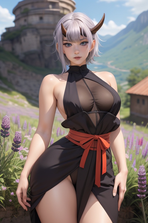 Shizuka is a beautiful young woman,  19 years old. bbw. She has a short lavander hair color,  horns on Tensor.Art