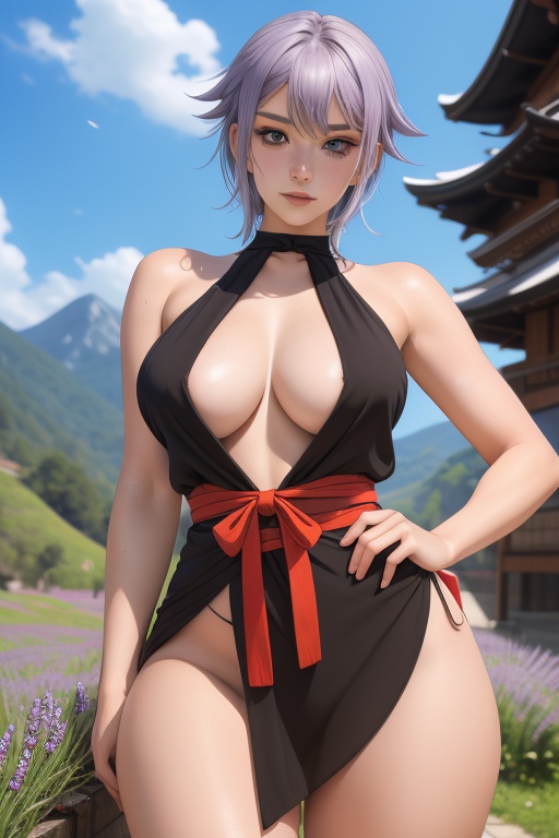 Shizuka is a beautiful young woman,  19 years old. bbw. She has a short lavander hair color,  blue eyes. wearing a black f...