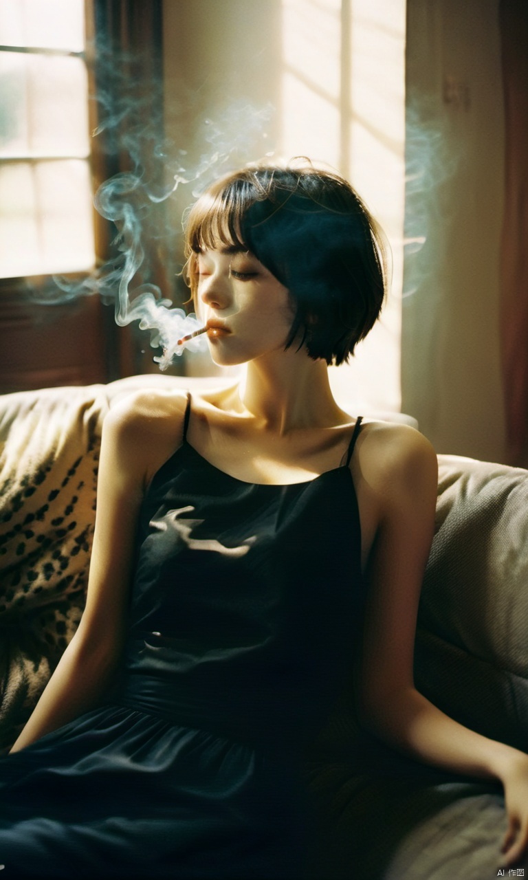  The style of marianna rothen, Contemporary photography, a lazy and carefree lovely girl, 18years old, with short hair, smoking on the sofa, dressed in a black dress, exudes an artist's temperament. in the style of fujifilm fujicolor c200, redpetzval 85mm f/ 2. 2, dreamy
