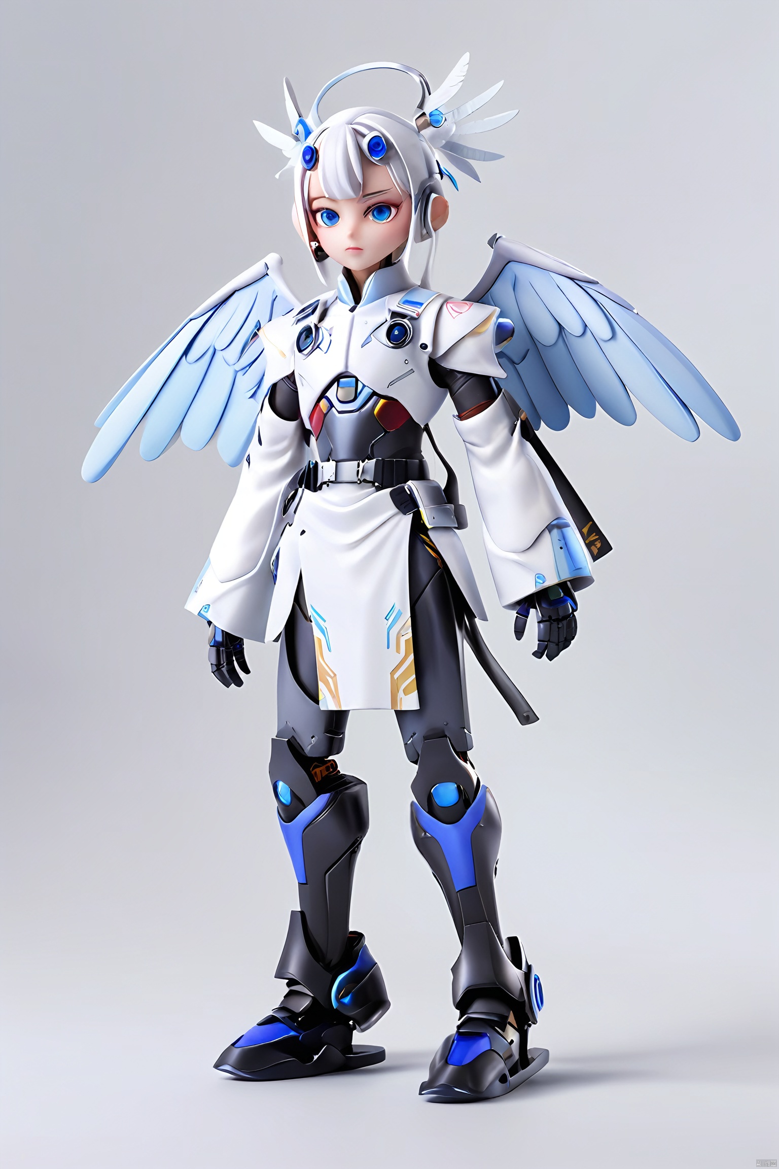  robot boy, 1boy, solo, wings,mecha musume, mechanical wings, white hair, full body, looking at viewer, heterochromia, science fiction,blue eyes, robot joints, joints, feathered wings, 
closed mouth, white background, standing, android,((chinese_clothes)), skirt belt long sleeves