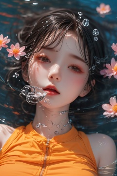  1 girl,Orange shirt,water drop, water, partially submerged,flower,air bubble,shout,air bubble,from above,Lying down,