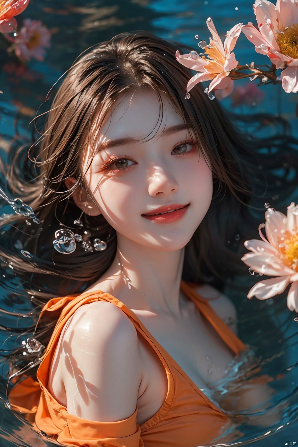 1 girl,  Orange shirt,  water drop on Tensor.Art