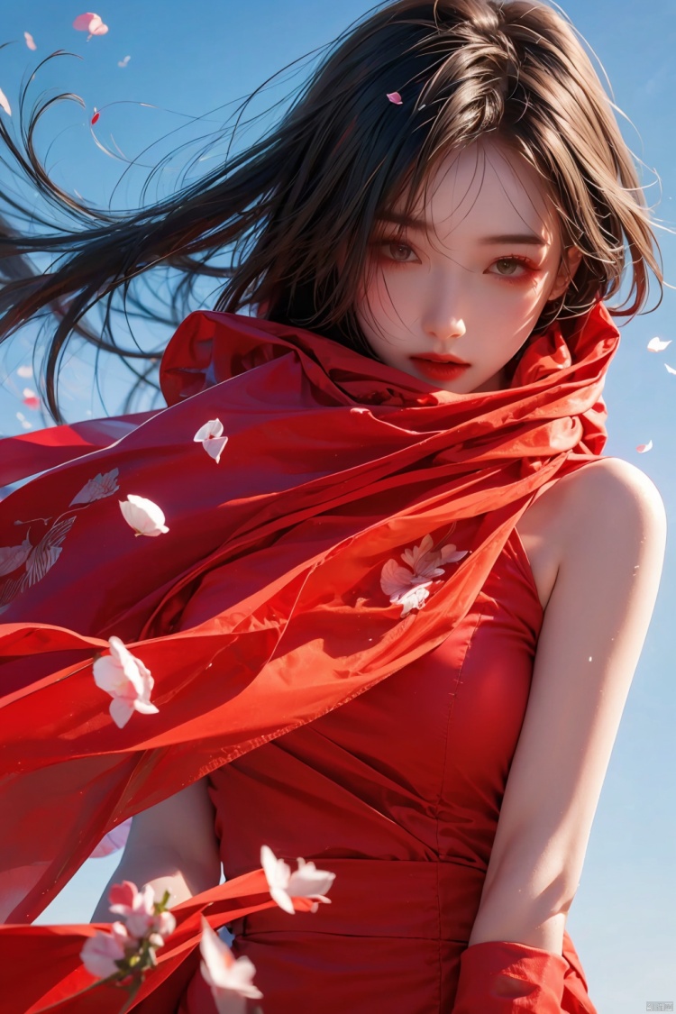 1girl, red dress, (scarf), wind, petal