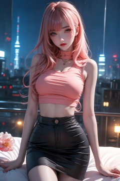  KK-Comic Style,1girl,long hair,looking at viewer,bangs,lips,makeup,on bed,red lips,peach blossom eye,pink hair,crop_top,skirt,night_sky,rooftop,city,neon lights,highly detailed,ultra-high resolutions,32K UHD,best quality,masterpiece,,