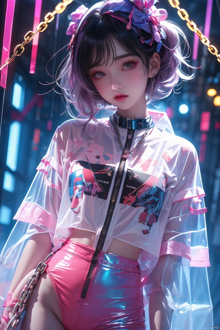  transparent color PVC clothing,transparent color vinyl clothing,prismatic,holographic,chromatic aberration,fashion illustration,masterpiece,girl with harajuku fashion, chain,looking at viewer,8k,ultra detailed,pixiv,