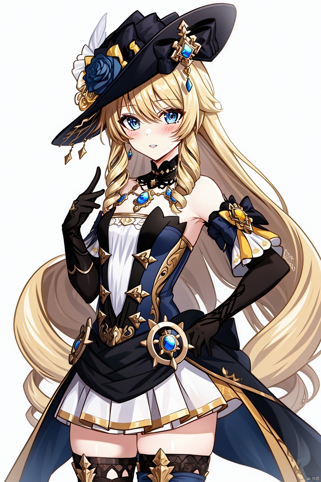 1girl, solo, long hair, looking at viewer, blush, bangs, blue eyes, blonde hair, simple background, thighhighs, gloves, hat, white background, dress, bare shoulders, jewelry, very long hair, flower, cowboy shot, earrings, small breasts, parted lips, detached sleeves, elbow gloves, black thighhighs, white gloves, zettai ryouiki, black headwear, rose, drill hair, hat flower