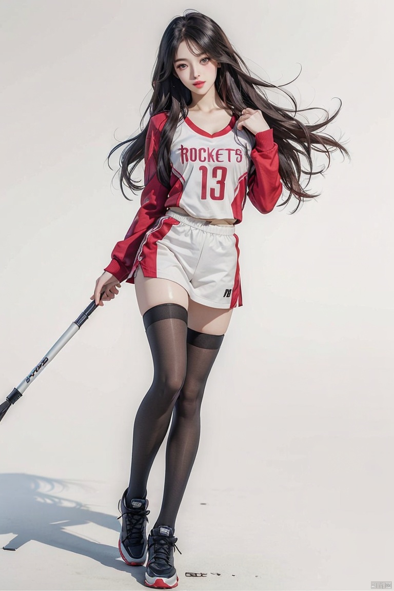 (8k, best quality, masterpiece:1.2),ultra-detailed,best quality,
,sharp focus,good composition,(bokeh:1.2),
1girl,solo,(full body),(closed mouth),beautiful detailed eyes,pose,
black hair,messy hair,long hair floating in wind,(ulzzang-6500:1.2),best quality,highly detailed,masterpiece,ultra-detailed,looking at viewer(masterpiece, high quality:1.2),thighhighs, pantyhose, the nike logo on a red and white background,rockets, Rockets jersey