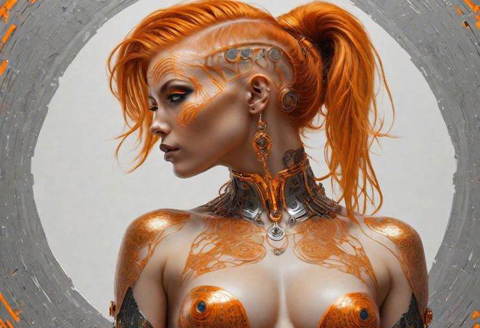 breathtaking portrait of naked female looking at viewer,  orange hair,  neon colours cyberpunk ornaments on Tensor.Art