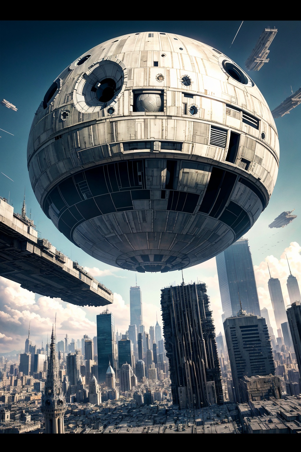 a death star over a city,  (masterpiece),  high detail on Tensor.Art