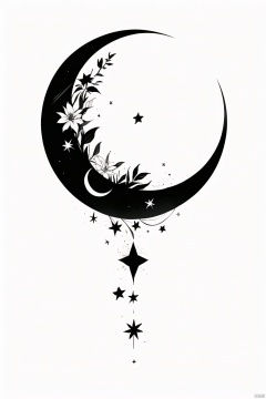 qzhsws, no humans, flower, white background, star \(symbol\), simple background, leaf, crescent moon