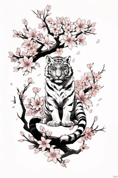 qzhsws, no humans, tiger, flower, white background, branch, traditional media, animal focus, year of the tiger, cherry blossoms, simple background, full body, pink flower, animal