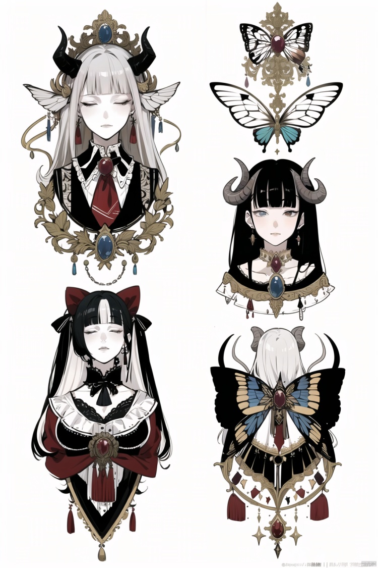 qzhsws, butterfly, bug, wings, multiple girls, long hair, jewelry, multicolored hair, heterochromia, black hair, split-color hair, earrings, grey hair, bow, white background, hair bow, horns, two-tone hair, bangs, crescent, profile, closed eyes, simple background, grey eyes, black bow, makeup, blunt bangs, watermark, 3girls