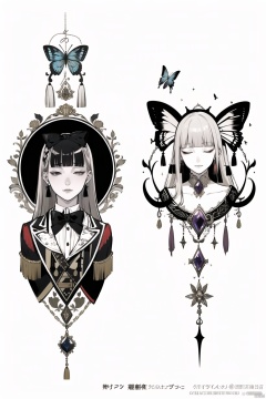 qzhsws, butterfly, bug, wings, multiple girls, long hair, jewelry, multicolored hair, heterochromia, black hair, split-color hair, earrings, grey hair, bow, white background, hair bow, horns, two-tone hair, bangs, crescent, profile, closed eyes, simple background, grey eyes, black bow, makeup, blunt bangs, watermark, 3girls