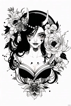 qzhsws, 1girl, solo, mole, mole under mouth, horns, long hair, tattoo, makeup, looking at viewer, hair ornament, japanese clothes, flower, breasts, white background, kimono, upper body, spot color, cleavage, beads, simple background, branch, lipstick, facial mark, black hair
