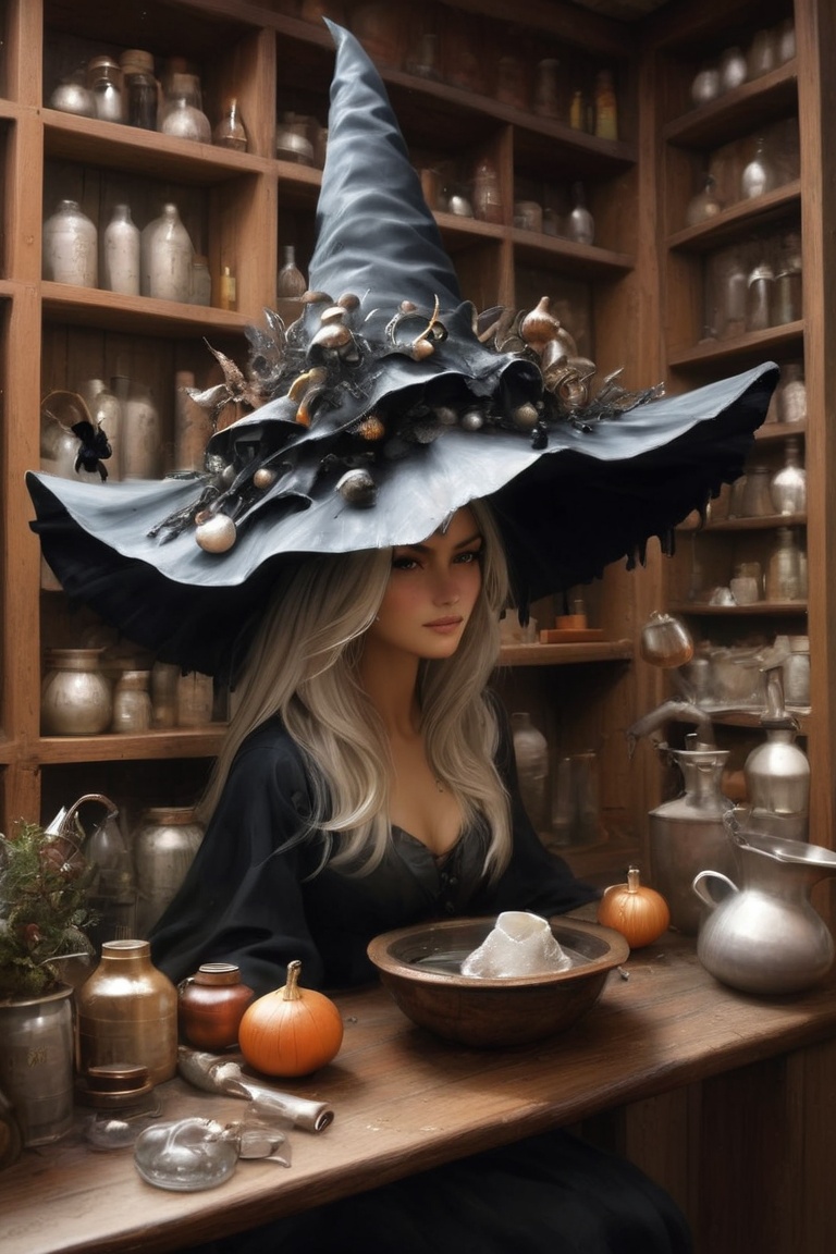 A witch making a potion in her workshop,  wearing a inkycapwitchhat with gills and drips,  bookshelves on Tensor.Art